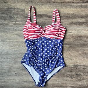 Younique Tummy Control Slimming One Piece Swimsuit Sz 14 National Flag ⚫️